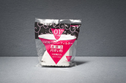 A pack of 100 bleached white paper filters, to fit the 1-cup sized Hario V60 dripper. 