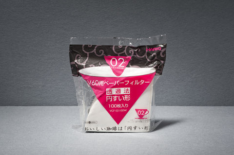 A pack of 100 bleached white paper filters, to fit the 2-cup sized Hario V60 dripper.